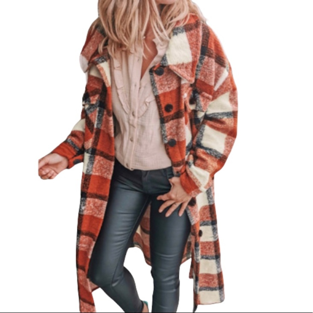 Plaid Longline Shacket Coat - Orange Check
